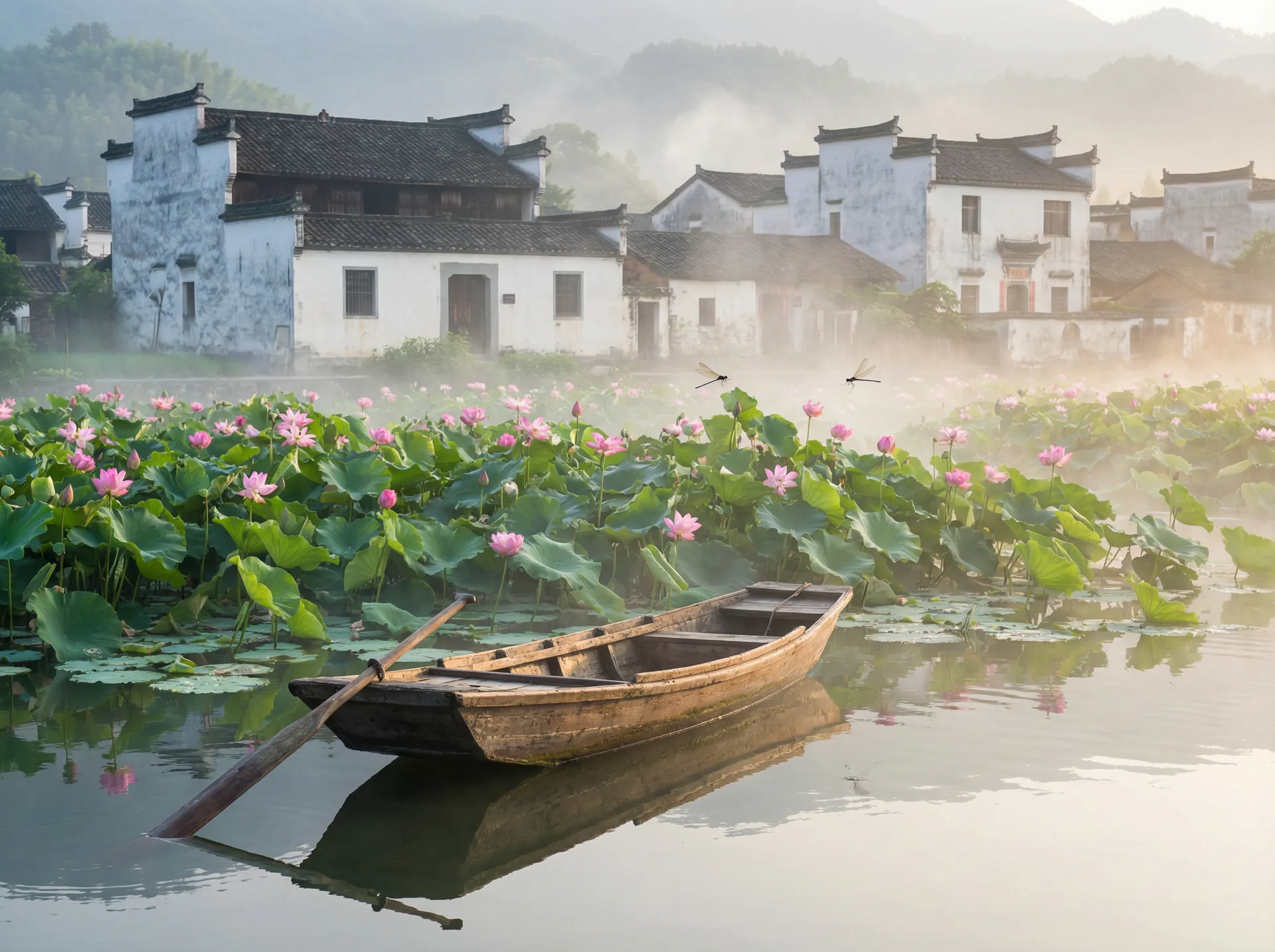 清晨荷塘小舟，粉色荷花盛开，白墙黑瓦的村庄 - 海角社区 book 水乡风情